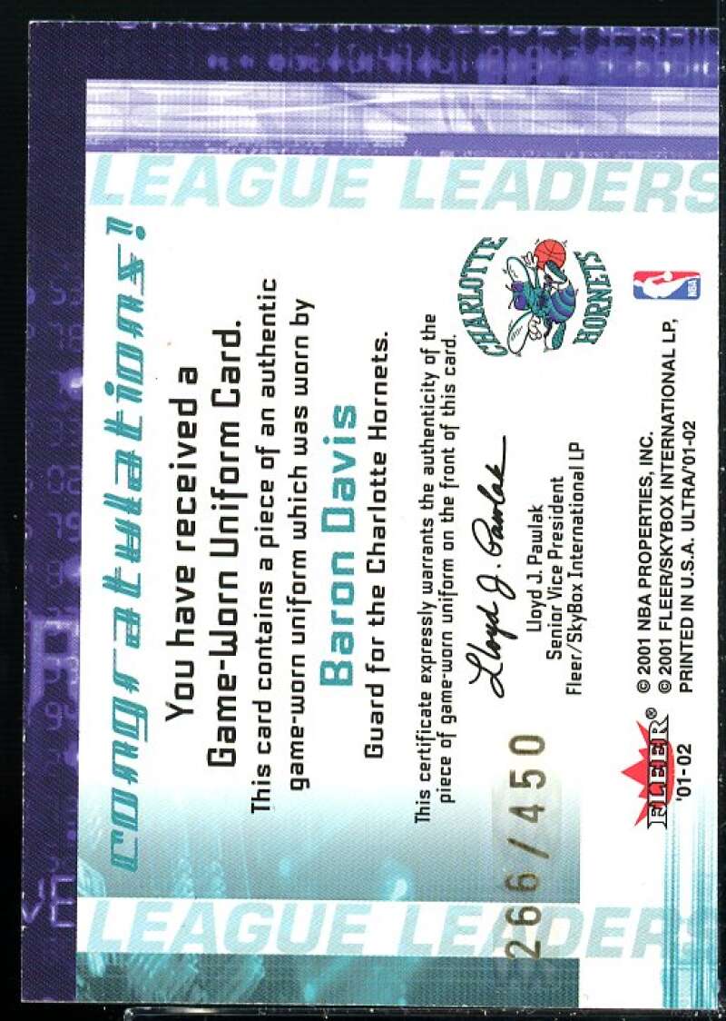 Baron Davis Card 2001-02 Ultra League Leaders Game Worn #7  Image 2