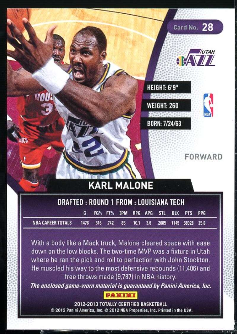 Karl Malone Card 2012-13 Totally Certified Red Materials #28  Image 2