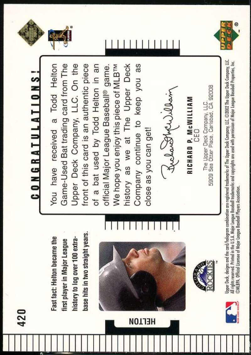 Todd Helton Card 2002 Upper Deck Diamond Connection #420  Image 2