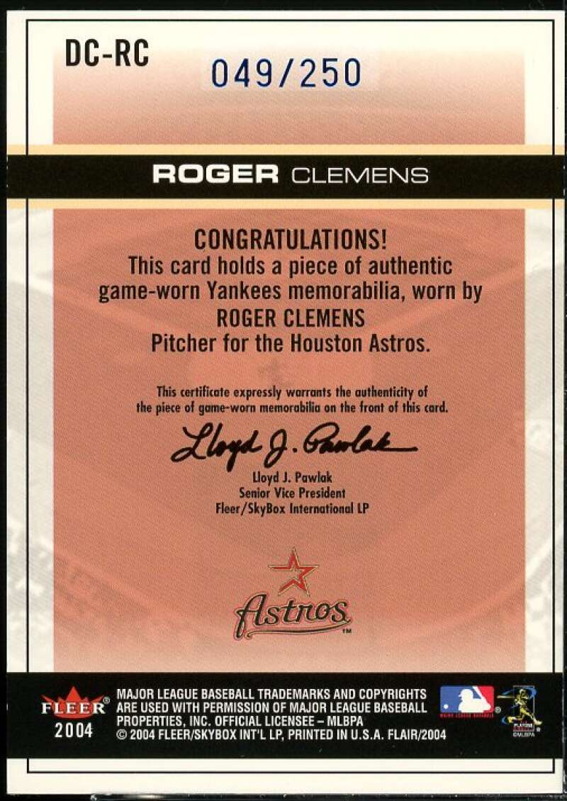 Roger Clemens Card 2004 Flair Diamond Cuts Game Used Blue #RC  Image 2