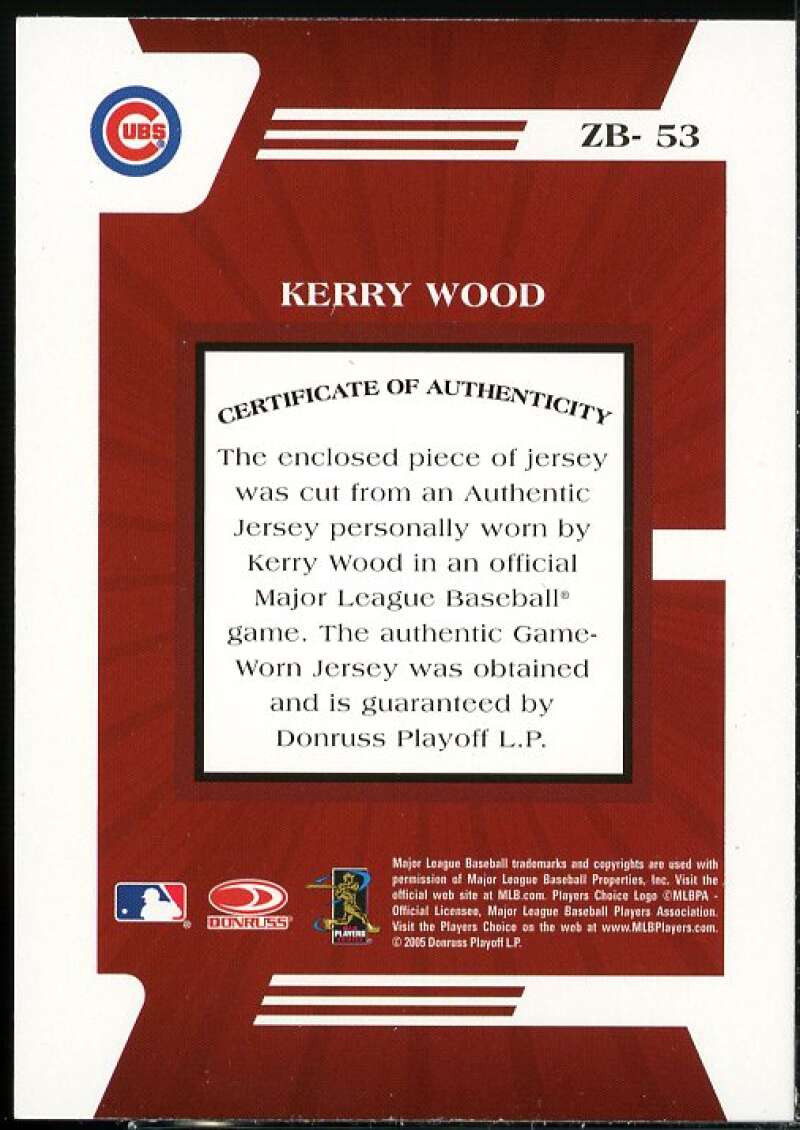 Kerry Wood Card 2005 Zenith Z-Jerseys #53  Image 2