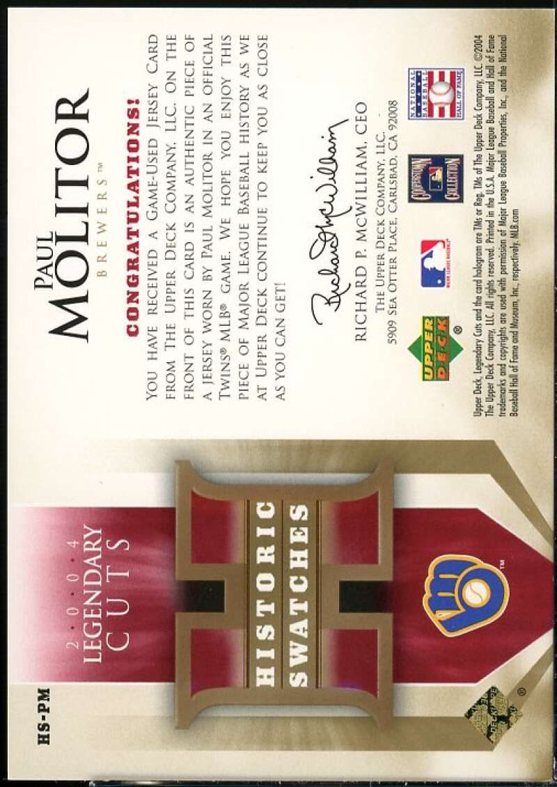 Paul Molitor Card 2004 SP Legendary Cuts Historic Swatches #PM  Image 2