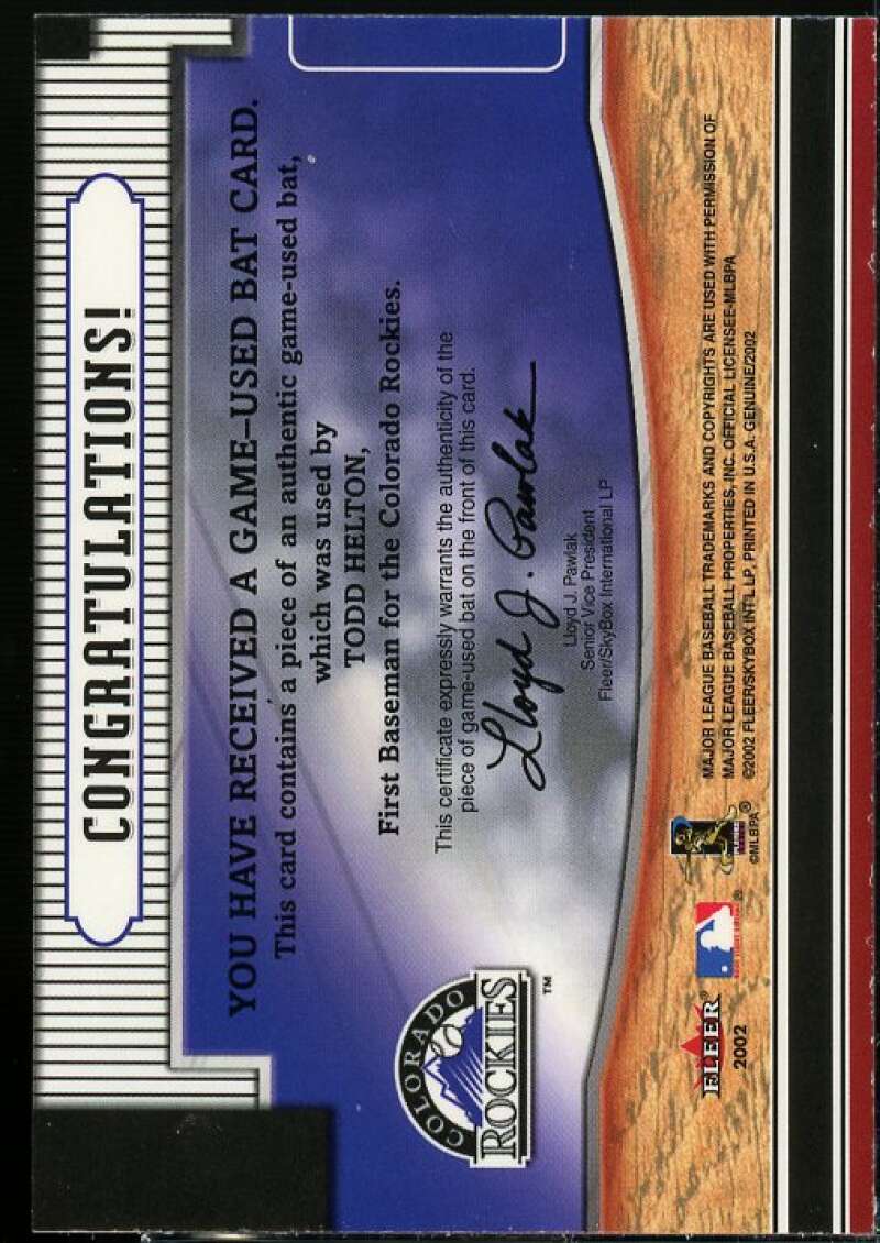 Todd Helton Card 2002 Fleer Genuine Bats Incredible Game Used #1  Image 2