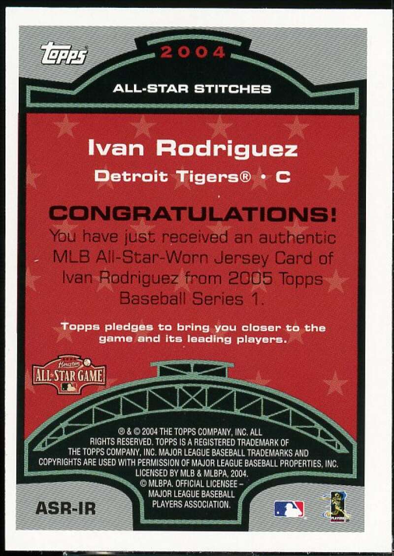 Ivan Rodriguez Card 2005 Topps All-Star Stitches Relics #IR  Image 2