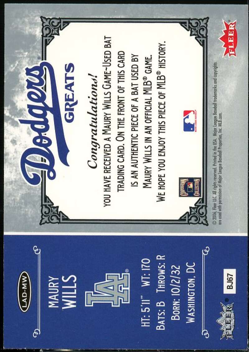 Maury Wills Card 2006 Greats of the Game Dodger Greats Memorabilia #MW  Image 2