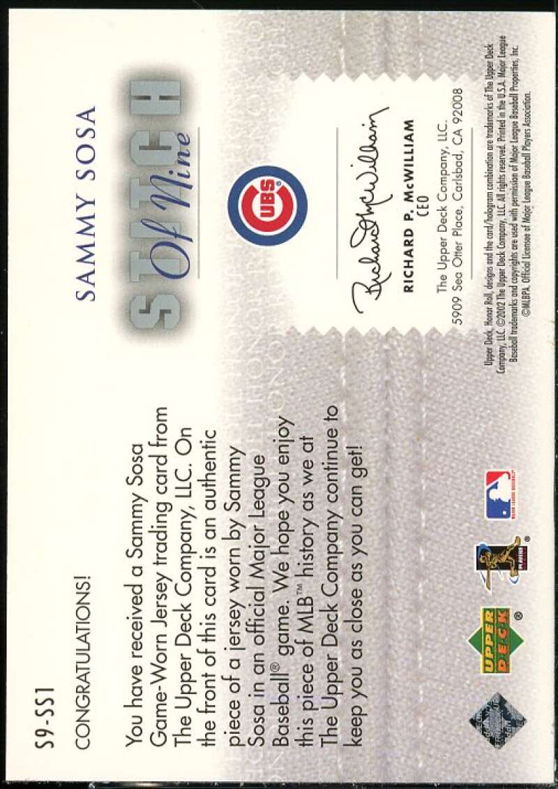 Sammy Sosa Card 2002 Upper Deck Honor Roll Stitch of Nine Game Jersey #S9SS1  Image 2