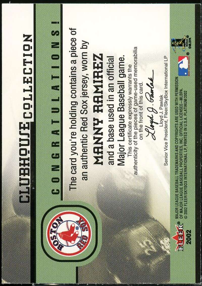 Manny Ramirez Card 2002 Fleer Platinum Clubhouse Memorabilia Combos #28  Image 2