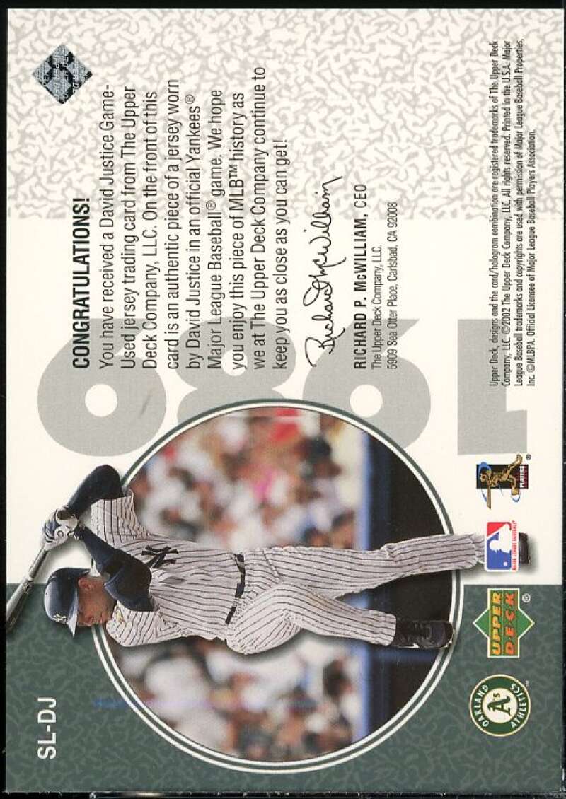 David Justice Card 2002 UD Authentics Stars of '89 Jerseys #SLDJ  Image 2