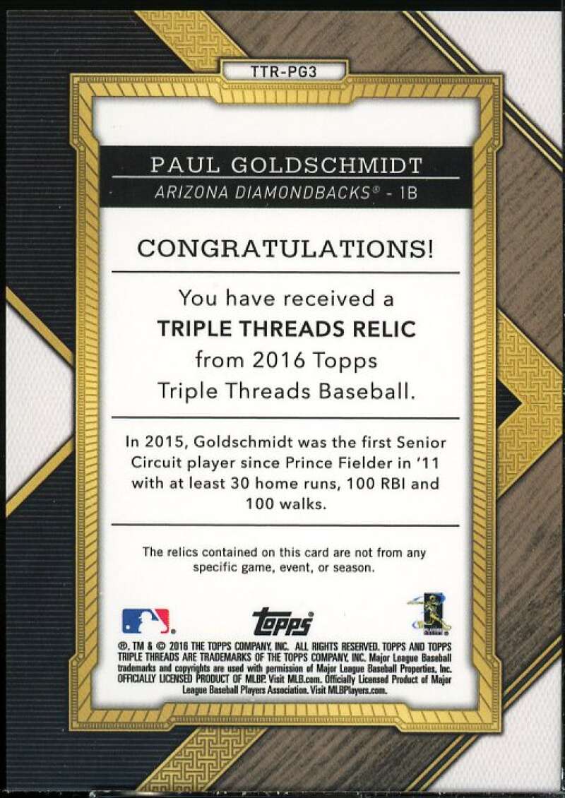 Paul Goldschmidt Card 2016 Topps Triple Threads Relics Silver #TTRPG3  Image 2