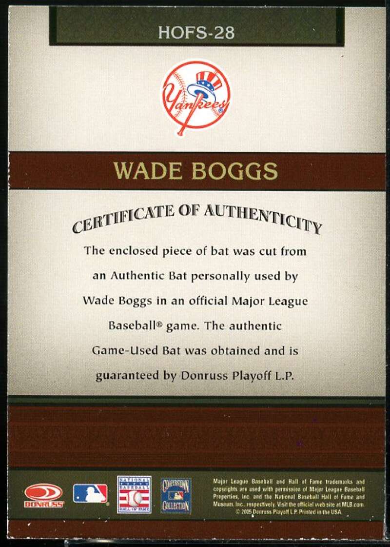Wade Boggs Card 2005 Donruss Greats Hall of Fame Souvenirs Material Bat #28  Image 2