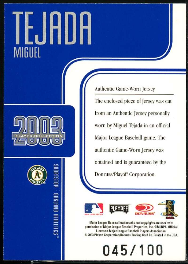 Miguel Tejada Card 2003 Playoff Piece of the Game Player Collection #89  Image 2