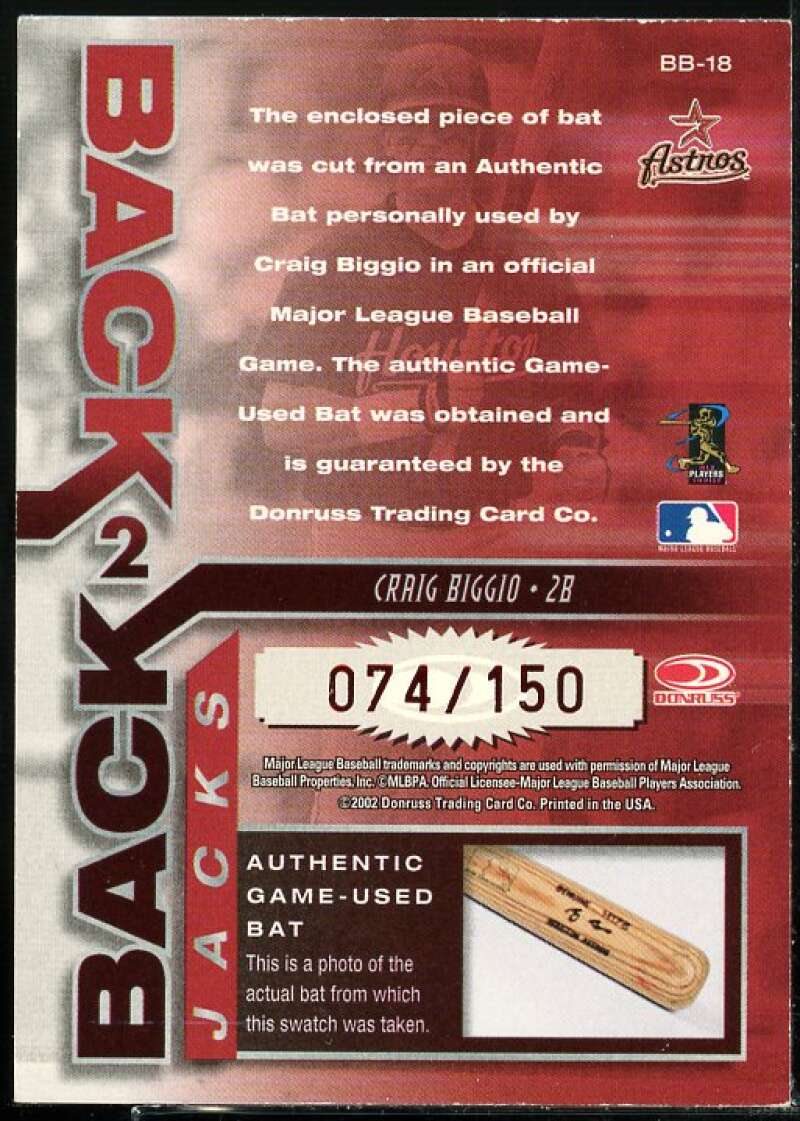 Craig Biggio Card 2002 Donruss Elite Back 2 Back Jacks #18  Image 2