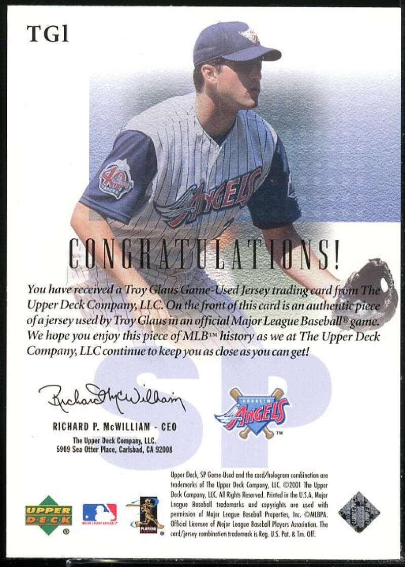 Troy Glaus Card 2001 SP Game Used Edition Authentic Fabric #TGL  Image 2