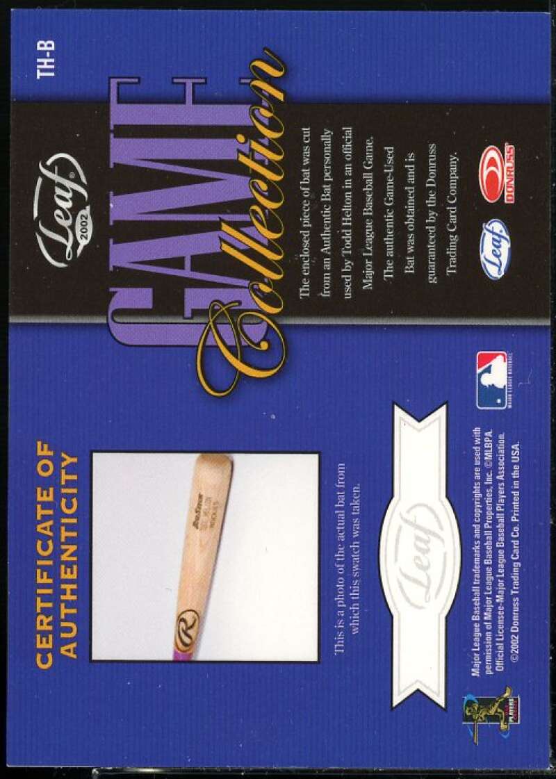 Todd Helton Card 2002 Leaf Game Collection #THB  Image 2