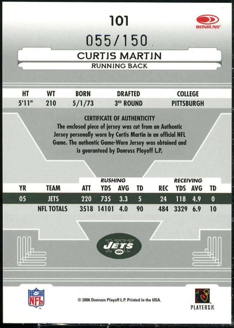 Curtis Martin Card 2006 Leaf Certified Materials Mirror Red Materials #101  Image 2