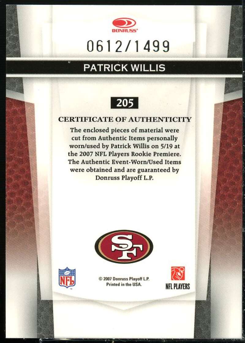 Patrick Willis Card 2007 Leaf Certified Materials RC #205  Image 2