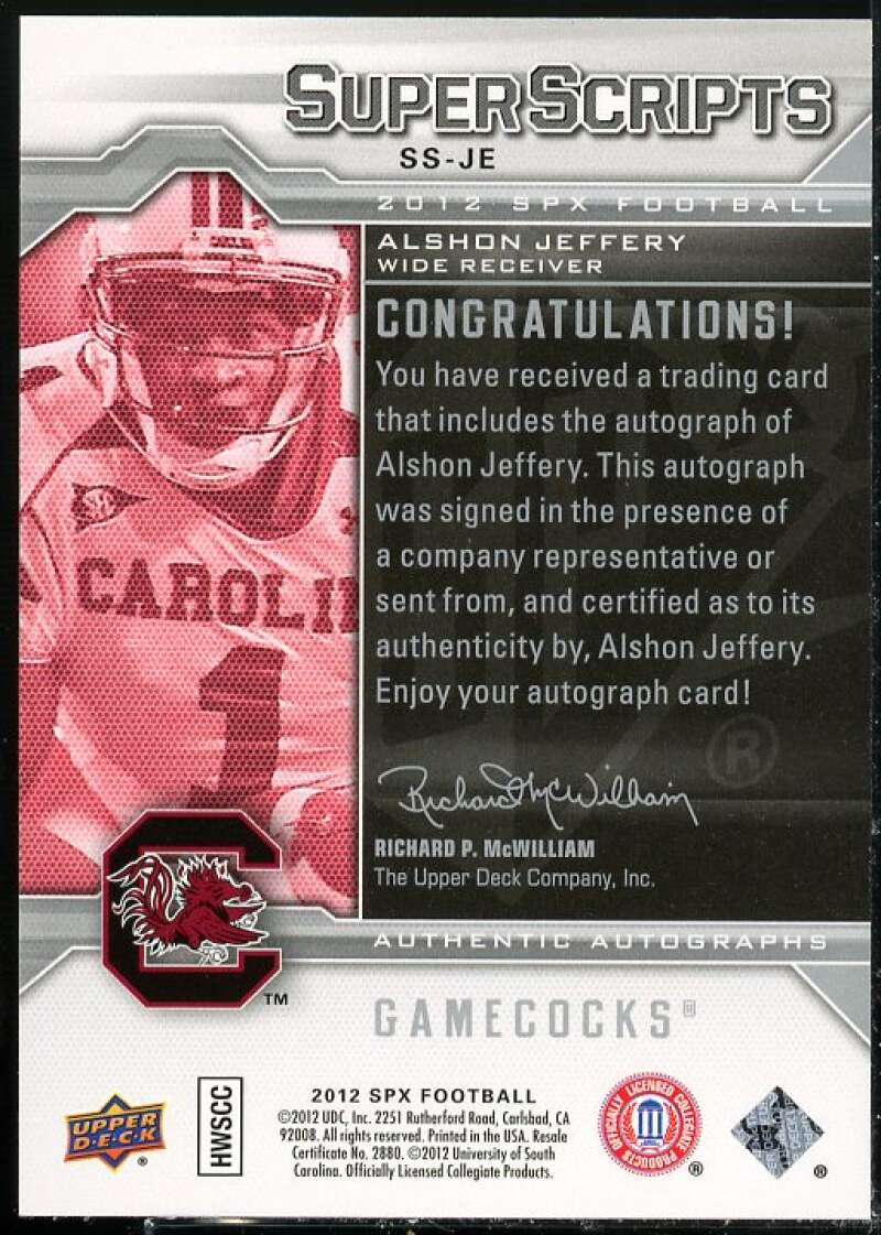 Alshon Jeffery Card 2012 SPx Super Scripts Autographs #SSJE  Image 2