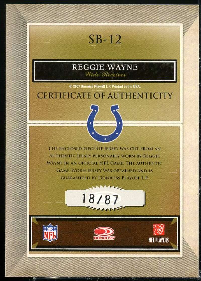 Reggie Wayne 2007 Donruss Classics Sunday's Best Jerseys Jersey Numbers #12  Image 2