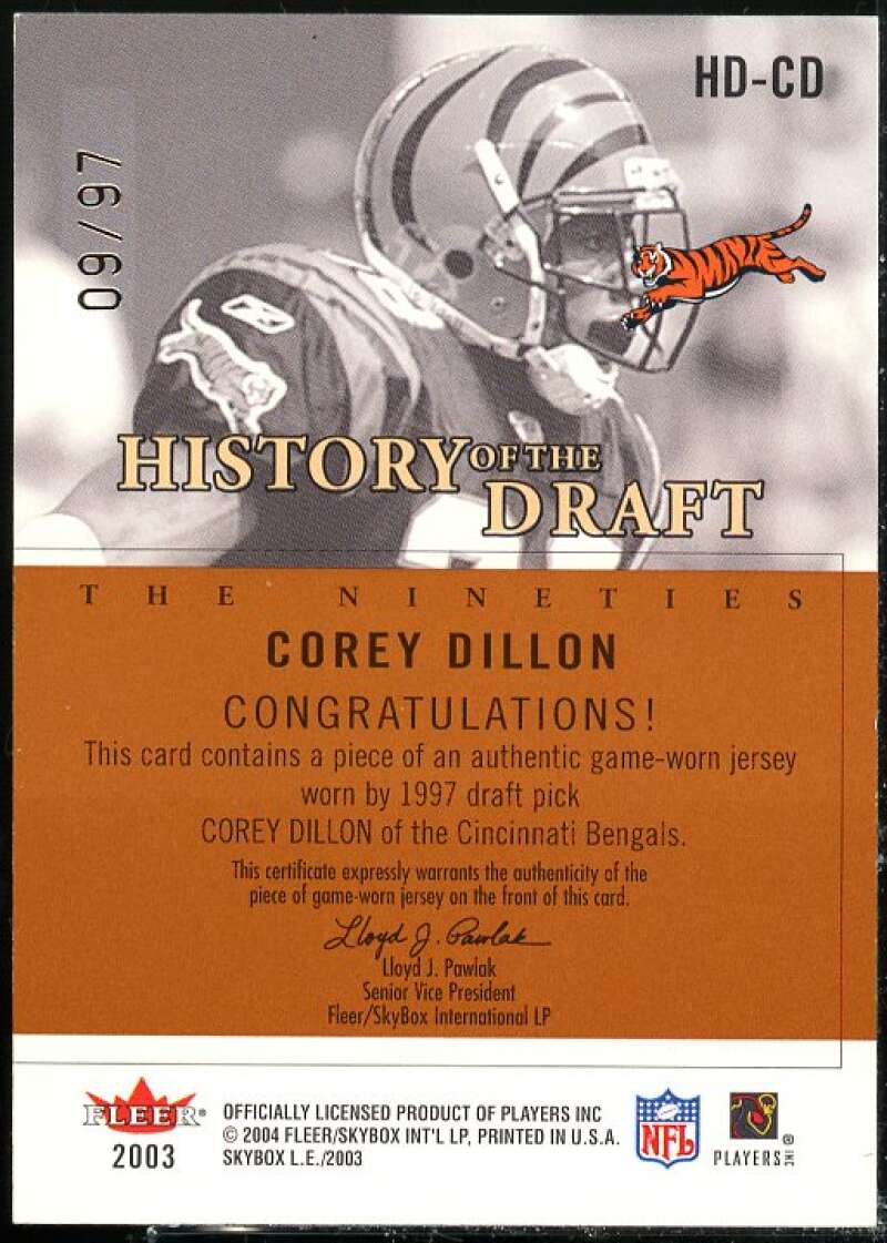 Corey Dillon Card 2003 SkyBox LE History of the Draft Jerseys #HDCD  Image 2