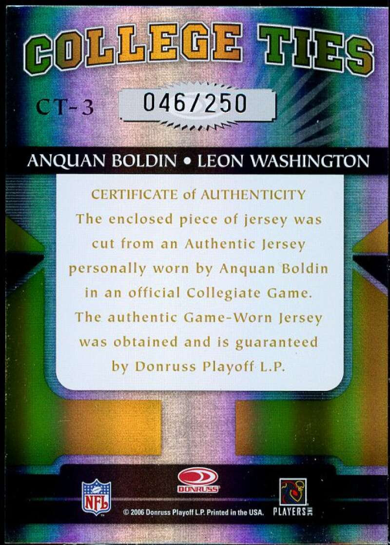 Anquan Boldin Leon Washington Card 2006 Donruss Elite College Ties Jerseys #3  Image 2