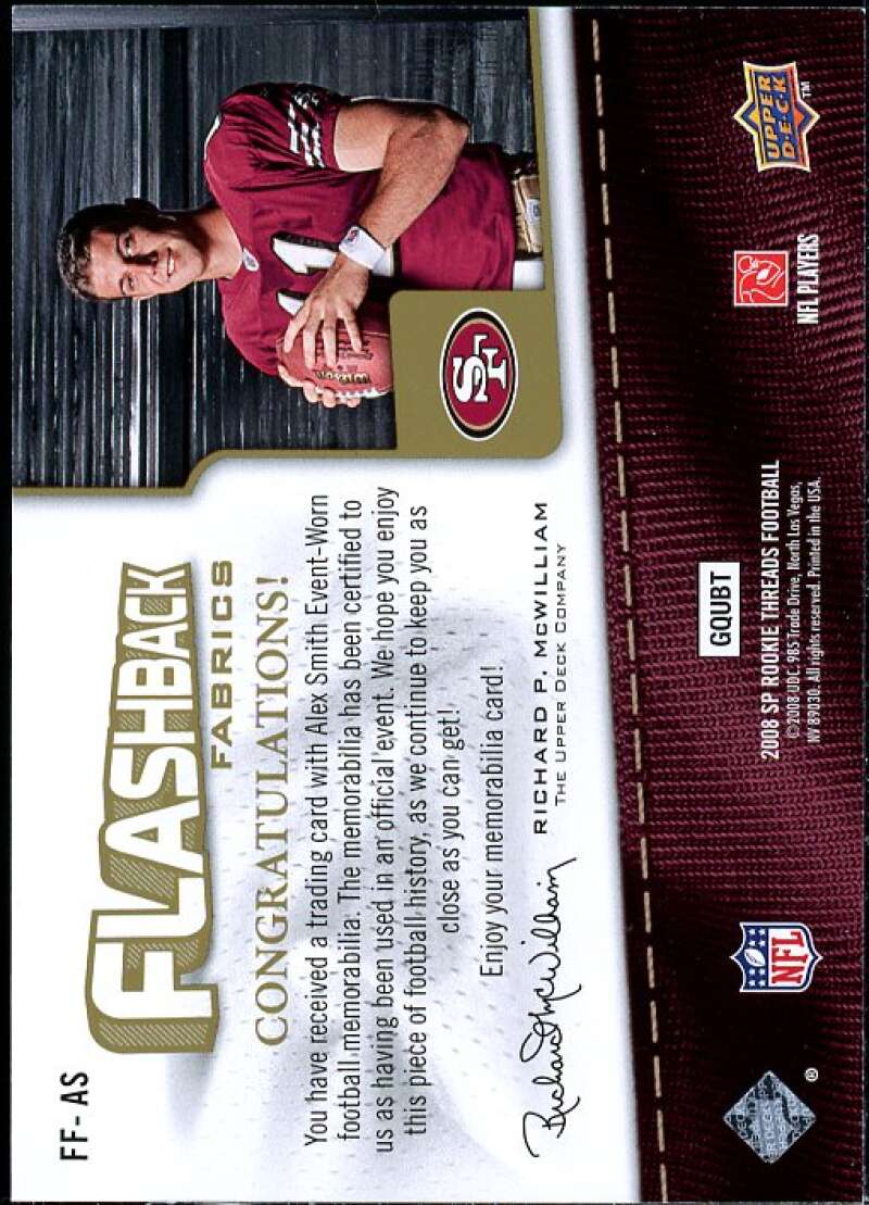 Alex Smith Card 2008 SP Rookie Threads Flashback Fabrics 85-90 #FFAS  Image 2