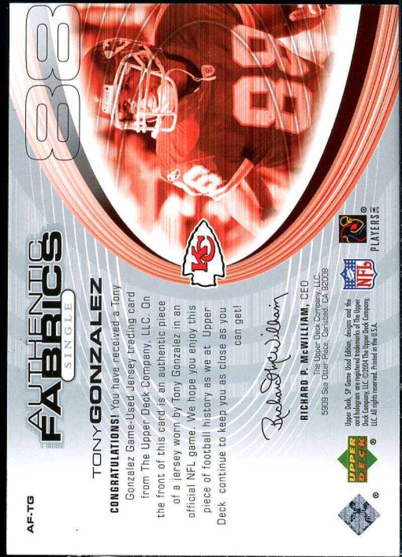 Tony Gonzalez Card 2004 SP Game Used Edition Authentic Fabric #AFTG  Image 2