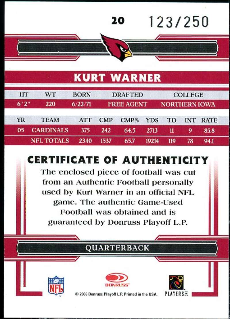Kurt Warner Card 2006 Donruss Threads Footballs #20  Image 2