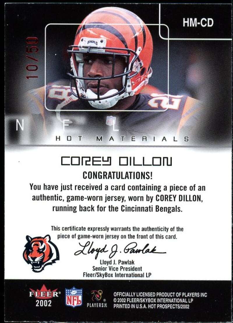 Corey Dillon Card 2002 Hot Prospects Red Hot Materials #HMCD  Image 2