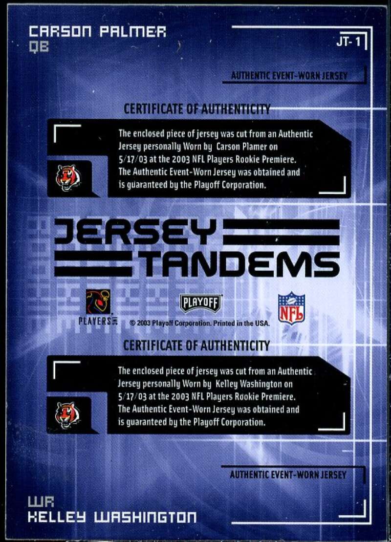 Carson Palmer Kelley Washington Card 2003 Playoff Honors Jersey Tandems #JT1  Image 2