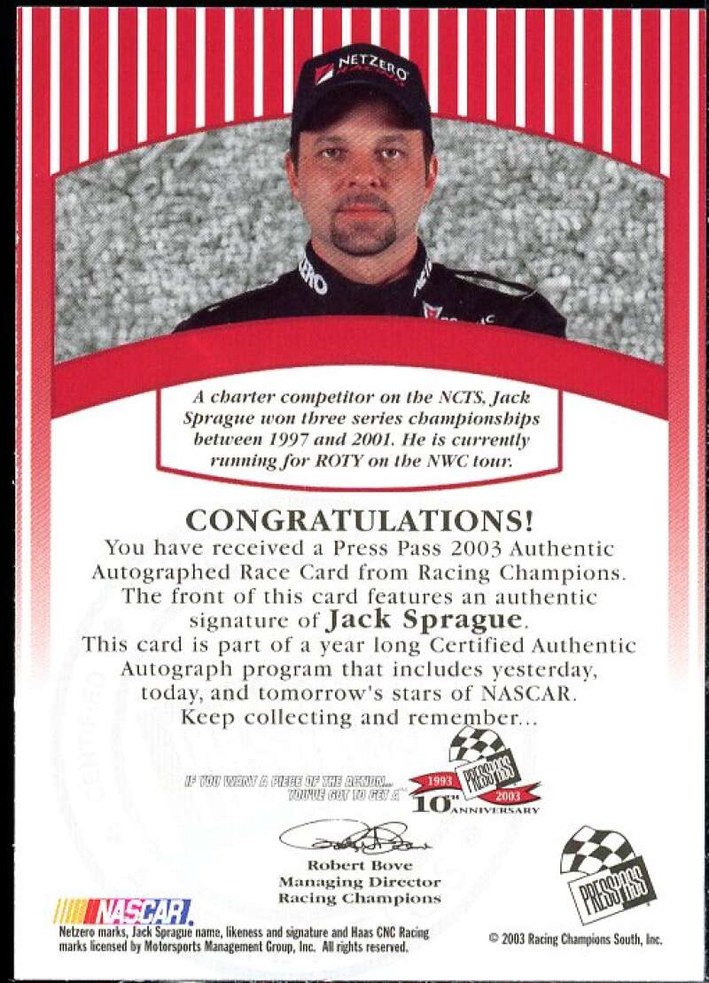 Jack Sprague Card 2003 Press Pass Signings #69  Image 2