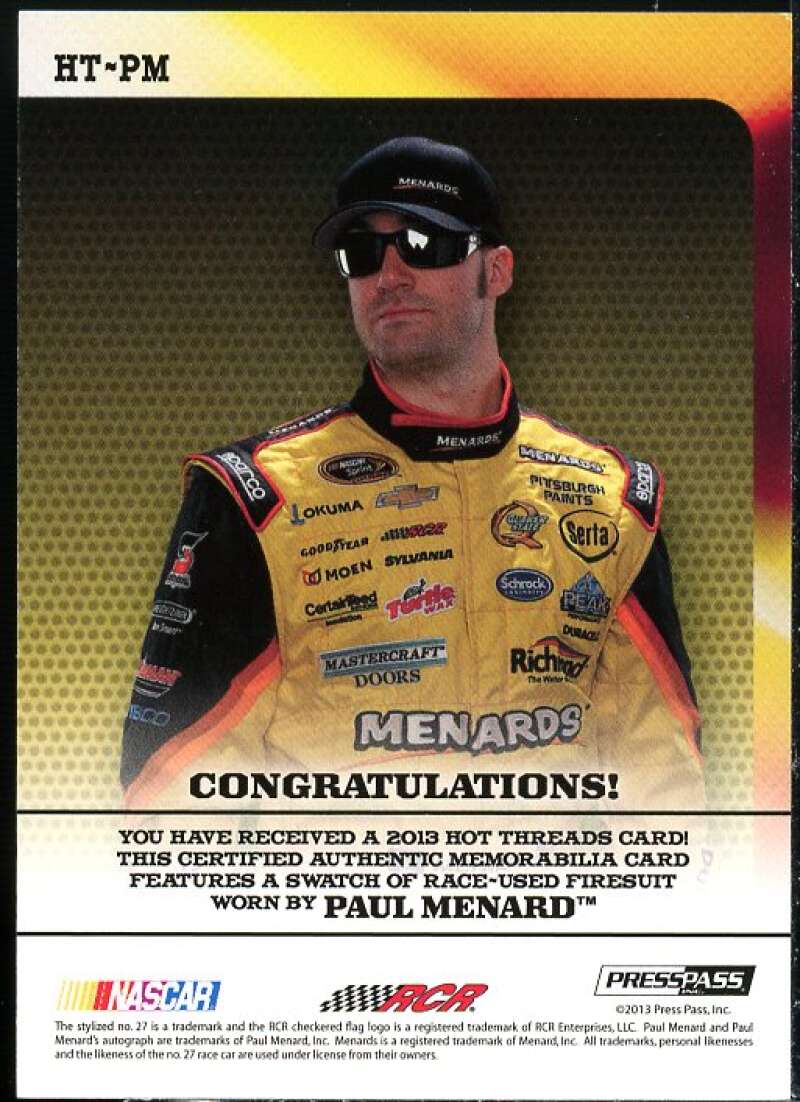 Paul Menard Card 2013 Press Pass Ignite Hot Threads Silver #HTPM  Image 2