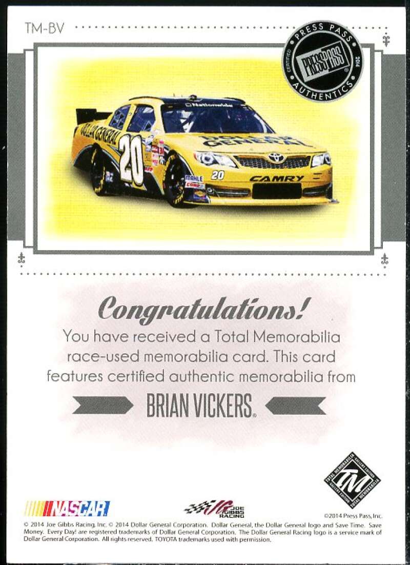 Brian Vickers Card 2014 Total Memorabilia Single Swatch Silver #TMBV  Image 2