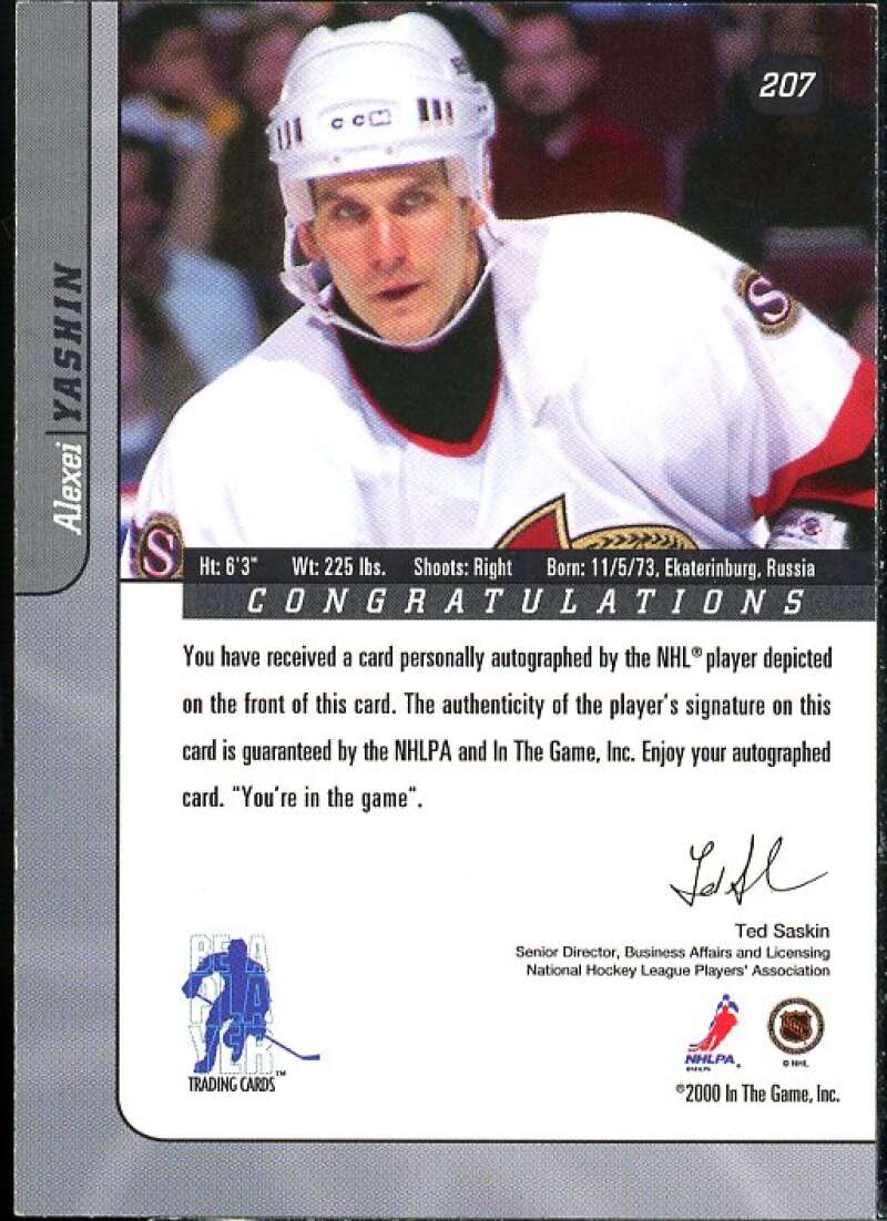 Alexei Yashin Card 2000-01 BAP Signature Series Autographs #207  Image 2