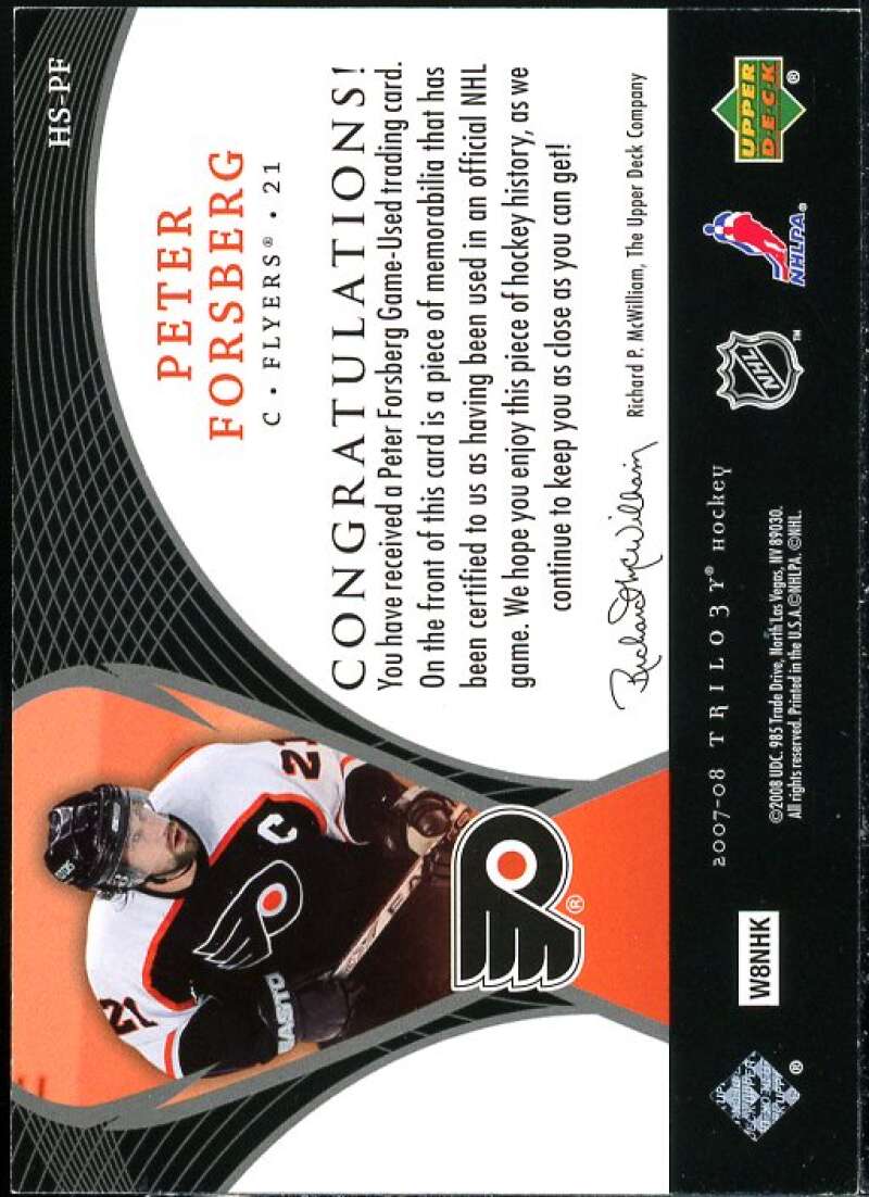 Peter Forsberg Card 2007-08 Upper Deck Trilogy Honorary Swatches #HSPF  Image 2