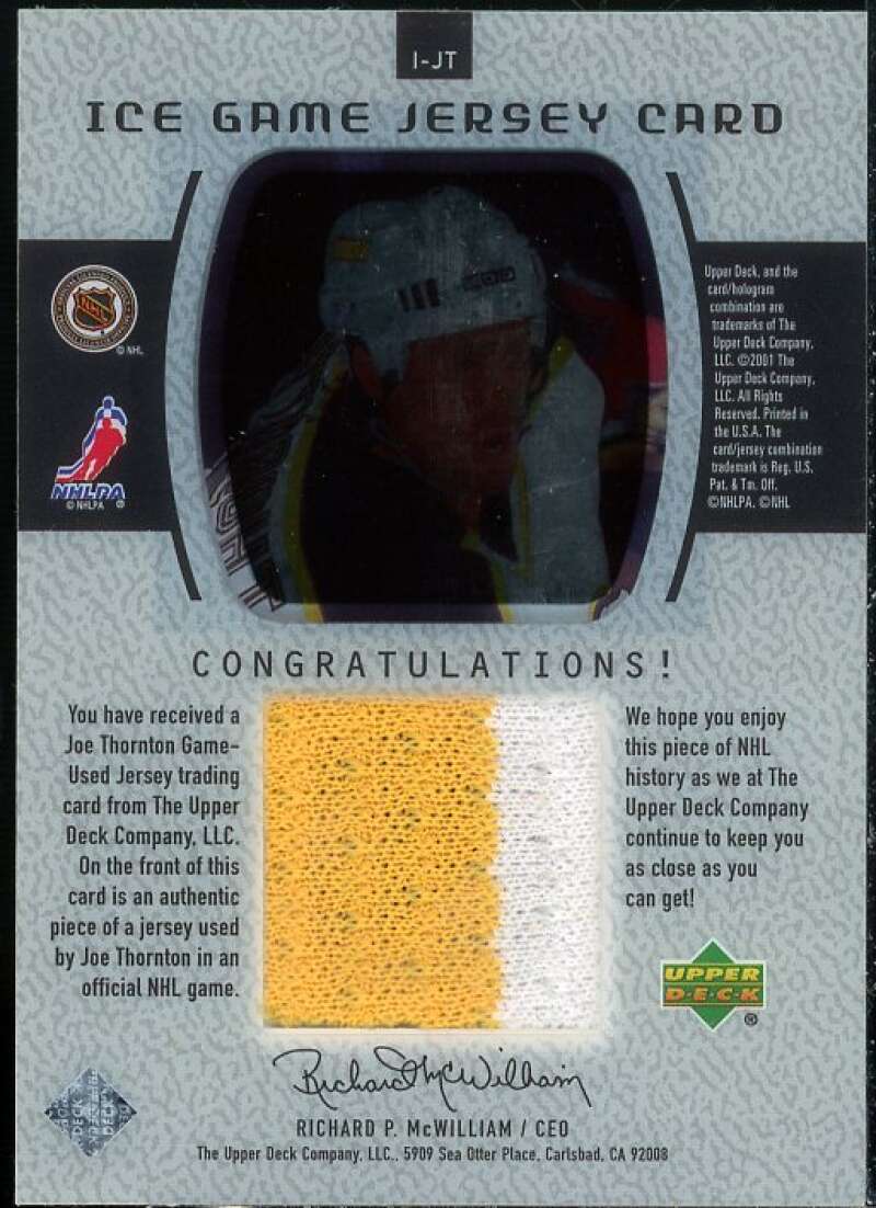 Joe Thornton Card 2000-01 Upper Deck Ice Game Jerseys #IJT  Image 2