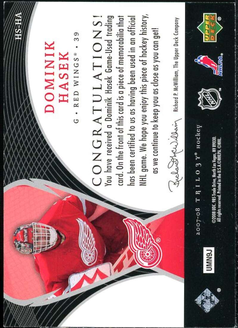 Dominik Hasek Card 2007-08 Upper Deck Trilogy Honorary Swatches #HSHA  Image 2