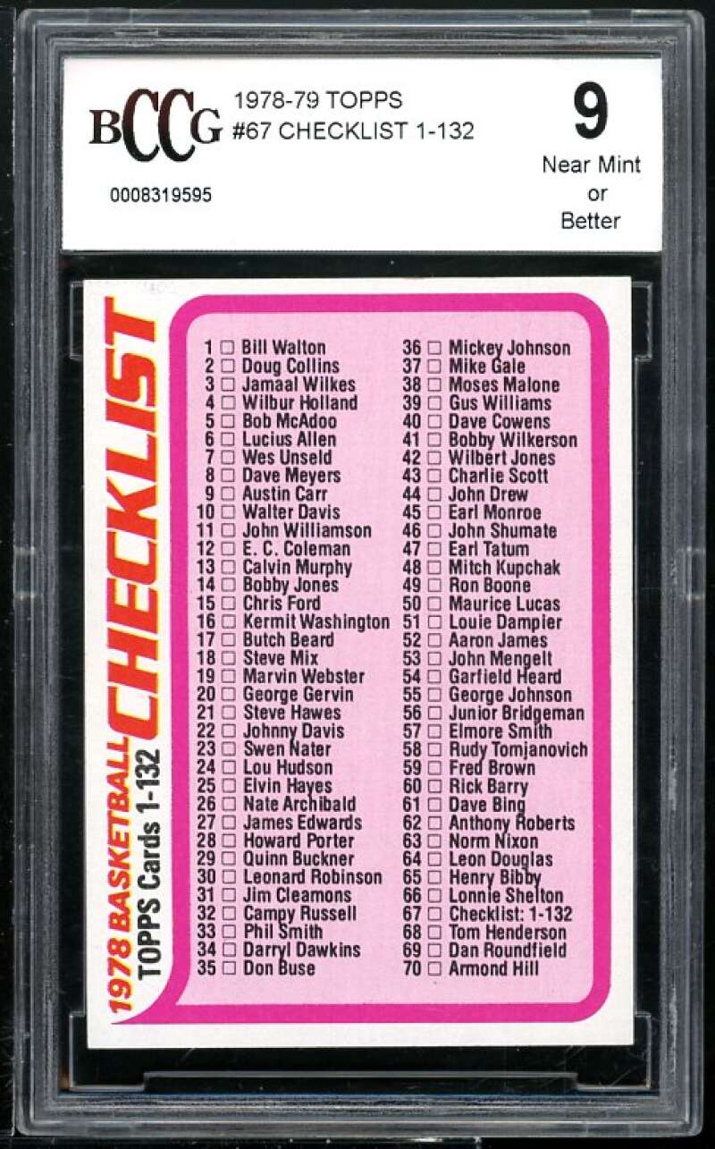 Checklist 1-132 Card 1978-79 Topps #67 BGS BCCG 9 Image 1