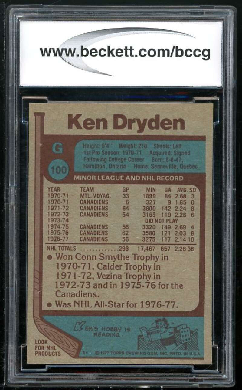 Ken Dryden Card 1977-78 Topps #100 BGS BCCG 9 Image 2