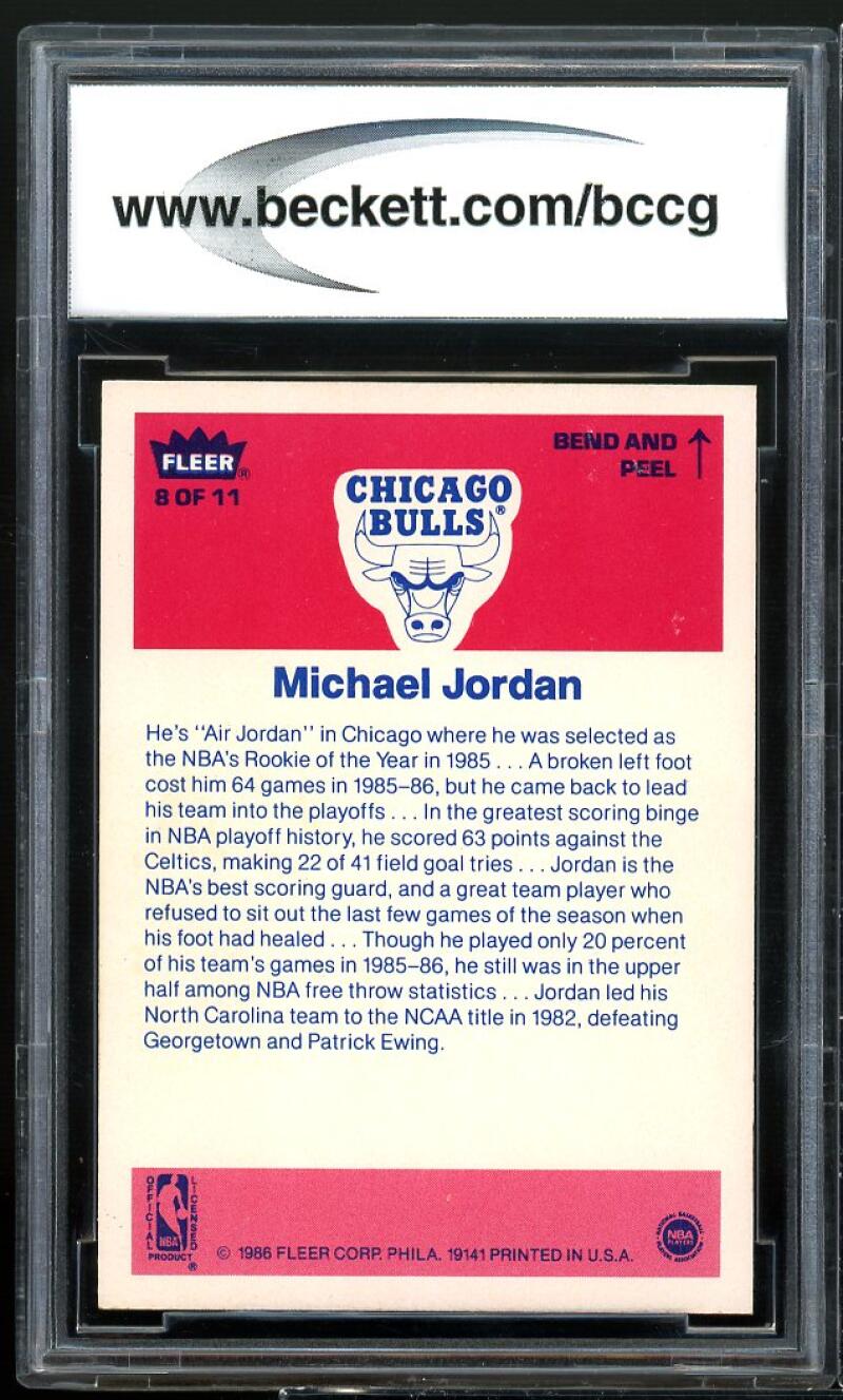 1986-87 Fleer Stickers #8 Michael Jordan Rookie Card BGS BCCG 10 Mint+ Image 2