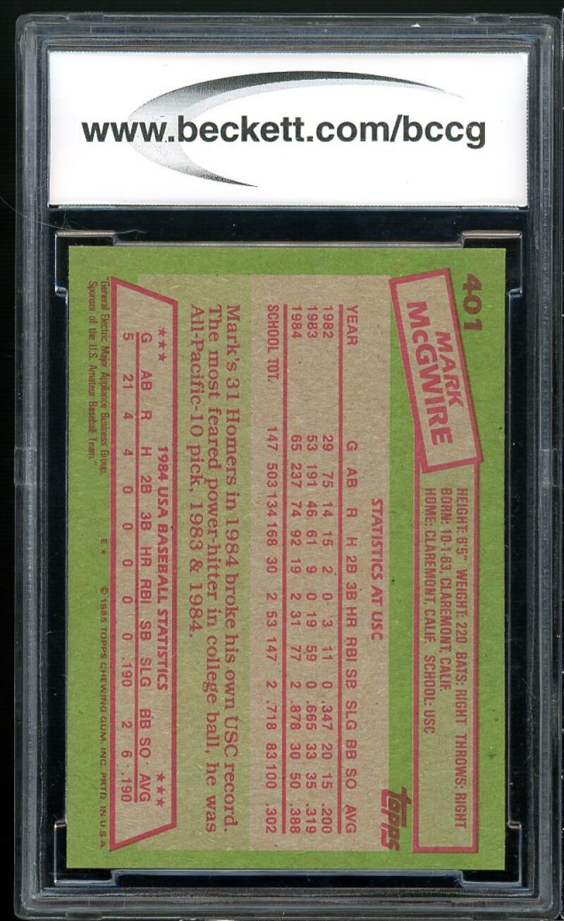 1985 Topps #401 Mark McGwire Rookie Card BGS BCCG 9 Near Mint+ Image 2