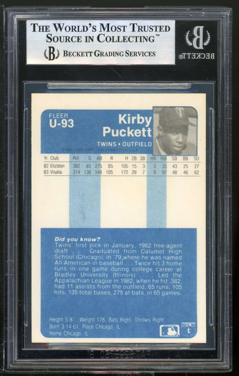 Kirby Puckett Rookie Card 1984 Fleer Update #U-93 BGS 8.5 (8 9.5 9.5 9) Image 2