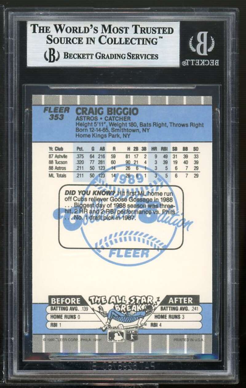 Craig Biggio Rookie Card 1989 Fleer Glossy #353 BGS 8.5 (8.5 8.5 9 9.5) Image 2