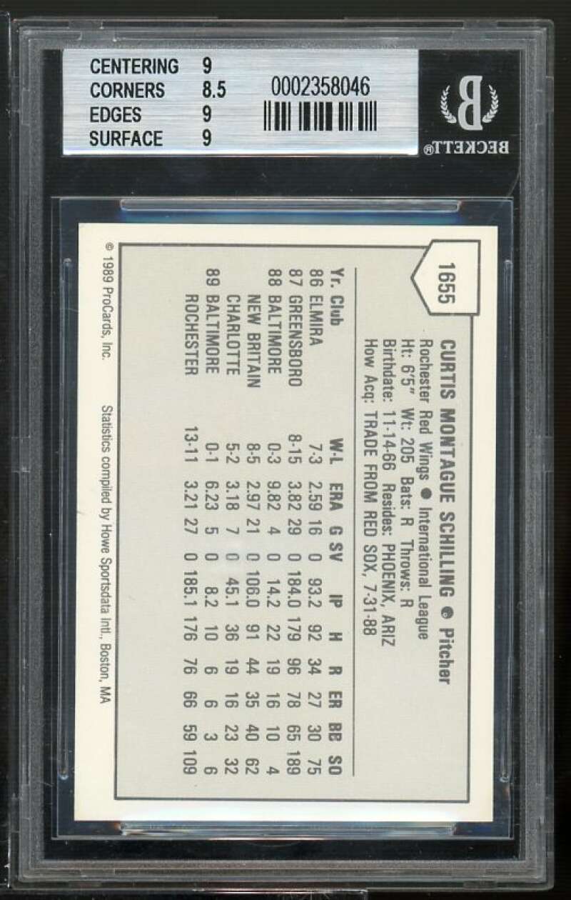 Curt Schilling Rookie 1989 Rochester Red Wings ProCards #1655 BGS 9 (9 8.5 9 9) Image 2