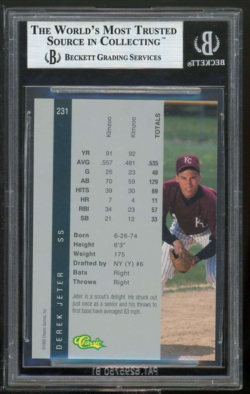 Derek Jeter Rookie Card 1992 Classic Four Sport #231 BGS 9 (9 9 9 9) Image 2