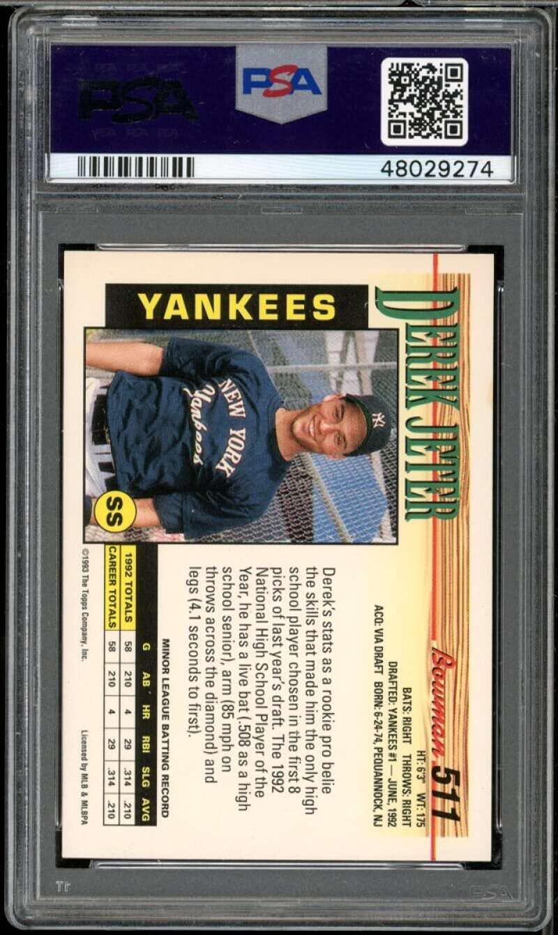 1993 Bowman #511 Derek Jeter Yankees Rookie PSA 9 MINT Image 2