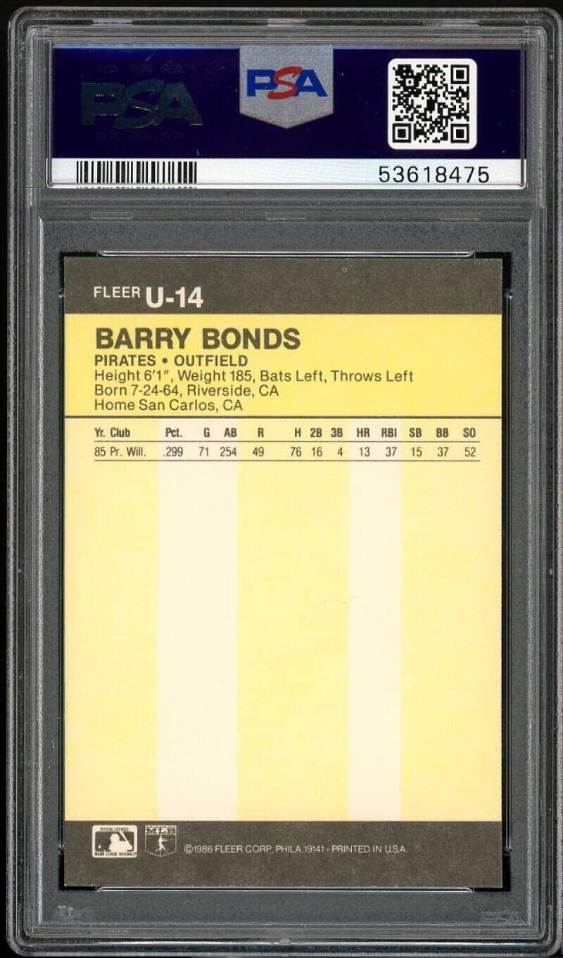 1986 Fleer Update #U14 Barry Bonds Rookie Card Graded PSA 9 MINT Image 2