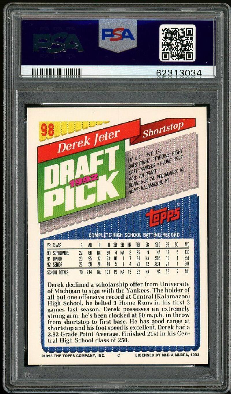 1993 Topps #98 Derek Jeter Draft Pick Rookie Card PSA 9 MINT Image 2