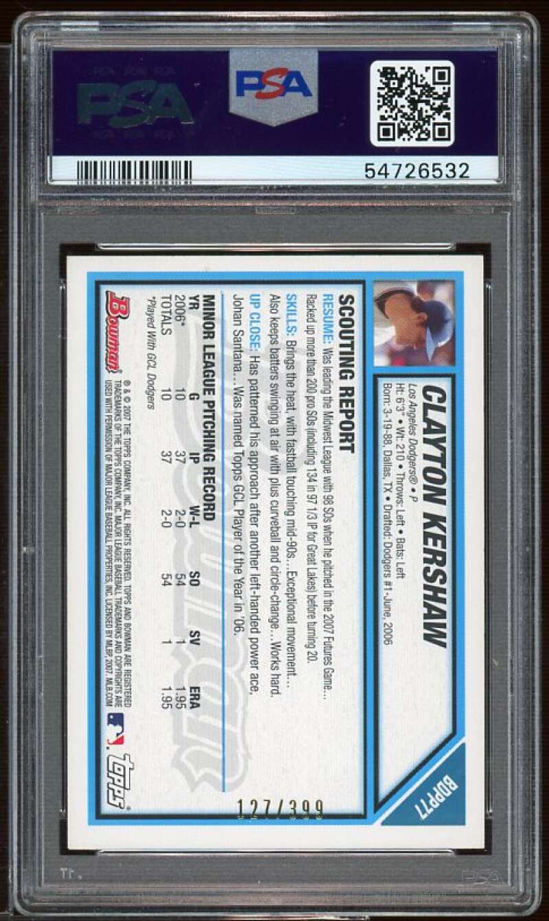 Clayton Kershaw Rookie Card 2007 Bowman DP n Prospects Blue #BDPP77 PSA 7 Image 2