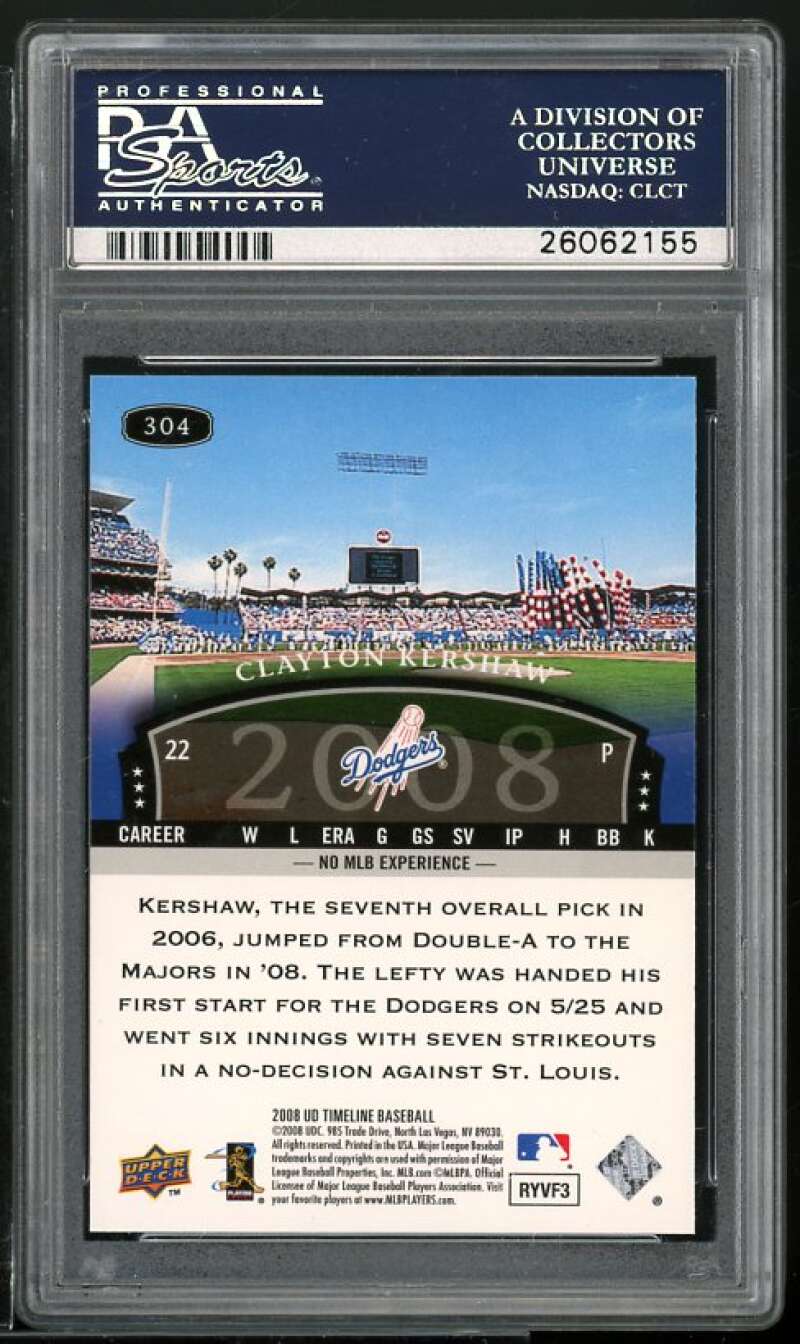 Clayton Kershaw Rookie Card 2008 U.D. Timeline #304 PSA 9 Image 2