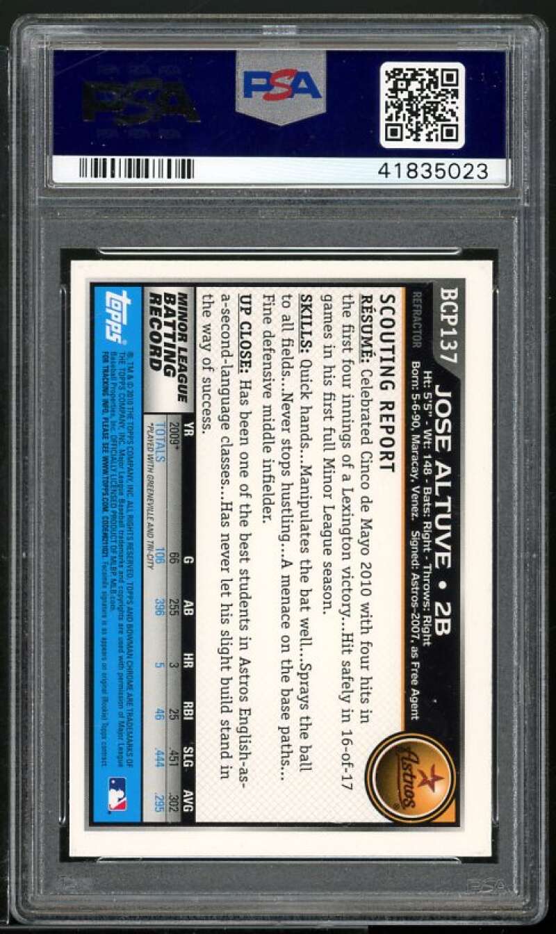 Jose Altuve Rookie 2010 Bowman Chrome Prospects Green X-Fractors #BCP137 PSA 9 Image 2